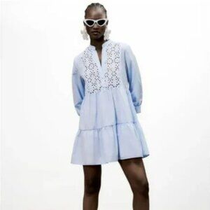ZARA Embroidered Mini Swing Dress Eyelet Crochet, Light Blue - Size S